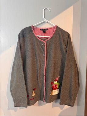 VTG Snowman Fleece Cardigan Jacket | Red Gingham Trim Winter Holiday XL
